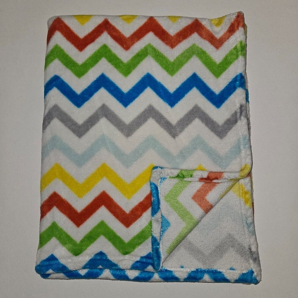 Baby Kiss Chevron Fleece Baby Blanket Orange Yellow Green Blue Gray White 27x34